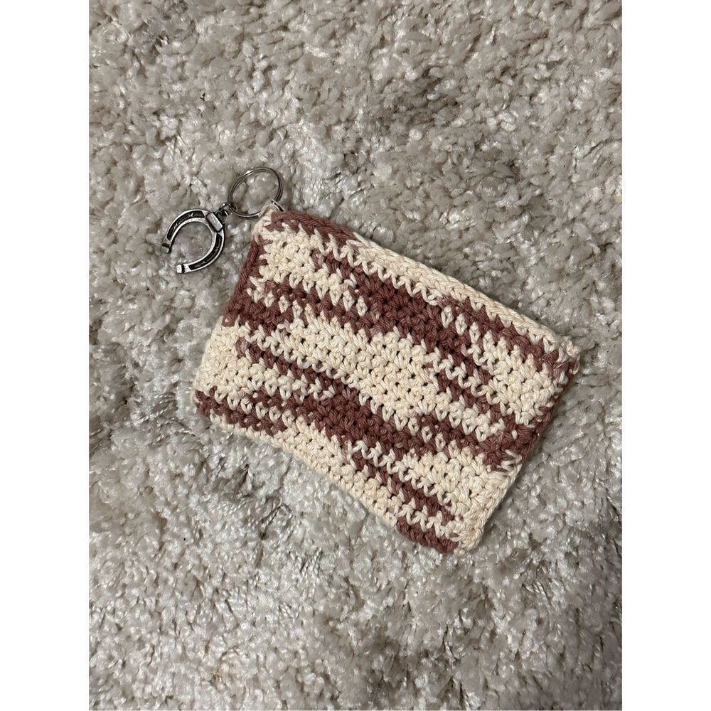 Beautiful Handmade Crocheted wallet/bag tan and cream with horseshoe charm and z